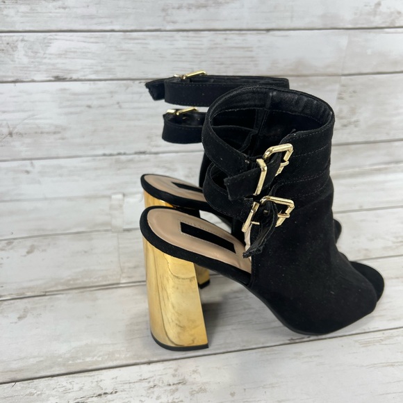Forever 21 Black Peep Toe Booties with Block Gold Heel Buckle Double Straps 8 - Picture 11 of 14